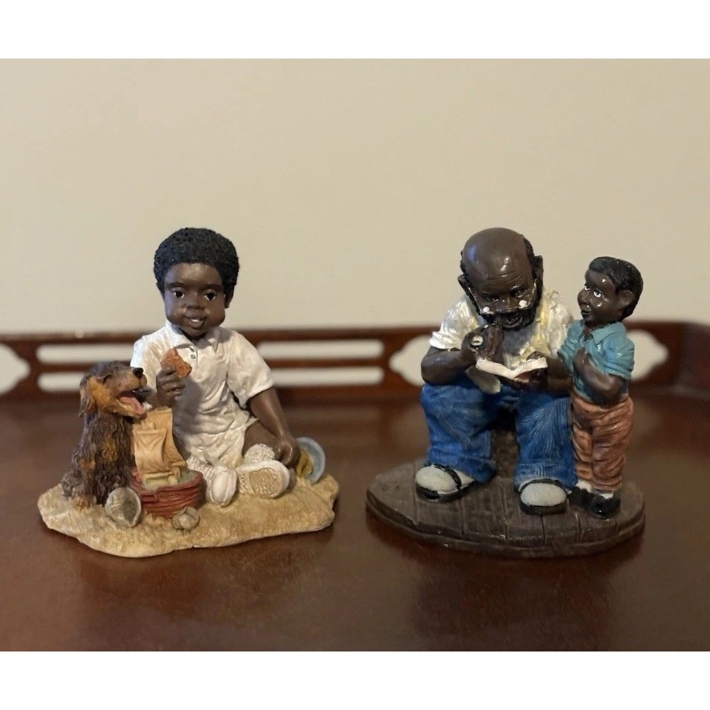 Vemars 2 Resin Figurine Set Grandpa Boy Dog Beach VTG African American Nostalgia